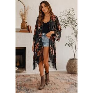 World Market Burnout Velvet Floral Kimono Black Sheer Fringe Hem Boho One Size
